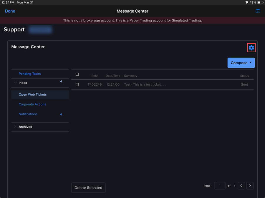 The message preferences gear icon on the iPad